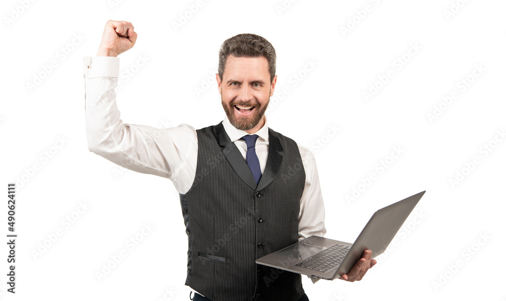 happy businessman working on pc isolated on white background, entrepreneur happy businessman working on pc isolated on white background, entrepreneur