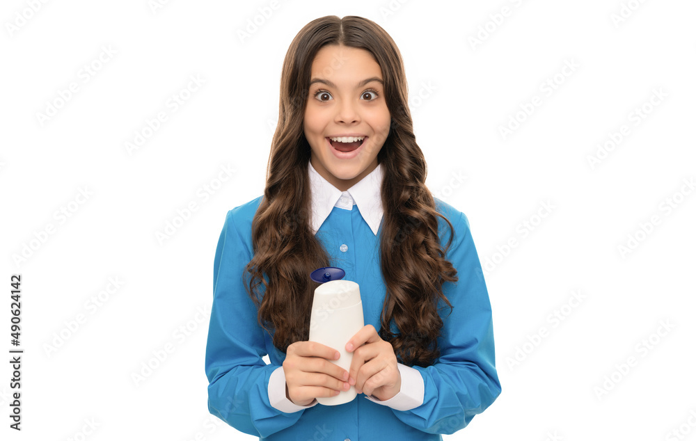 presenting cosmetic product for teen. teen girl use shampoo bottle. presenting cosmetic product for teen. teen girl use shampoo bottle.