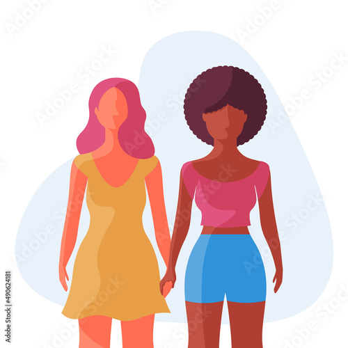 Interracial lesbian couple together.