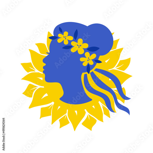 Ukrainian woman face with floral wreath, colorful ribbon, yellow sunflower icon isolated on white background. Vector flat illustration. Symbol of independence