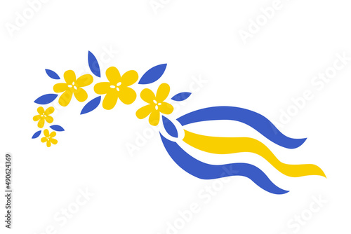 Traditional Ukraine floral wreath with blue, yellow ribbon icon. National, patriotic symbol. Vector flat illustration.