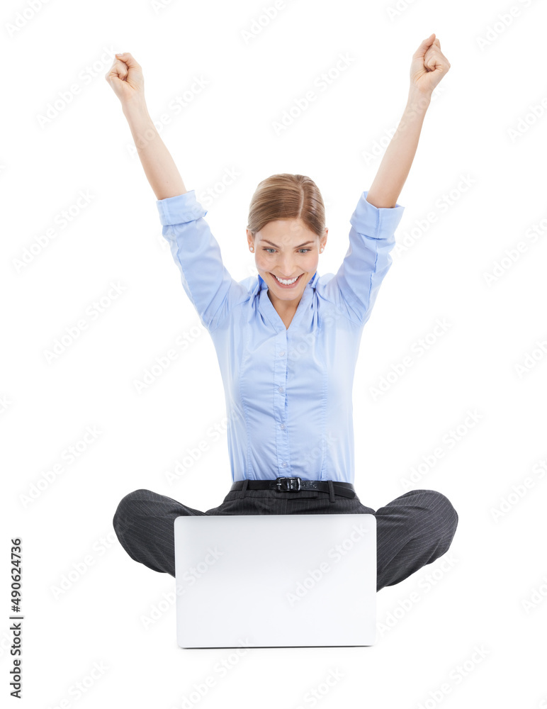Better than ever before. Studio shot of a young businesswoman using her laptop on the floor and cheering in success against a white background. Better than ever before. Studio shot of a young businesswoman using her laptop on the floor and cheering in success against a white background.
