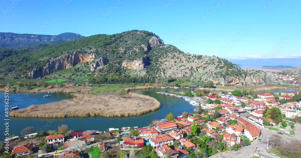 Aerial view of Kaunos rock tombes, Dalyan river fethiye turkey touristic historic destination lycian civilization