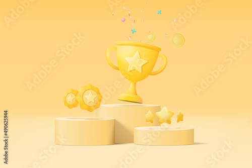 3d winners minimal with golden cup, gold winners stars on podium background. Award ceremony first and second and third concept on podium. 3d vector render isolated on blue pastel background