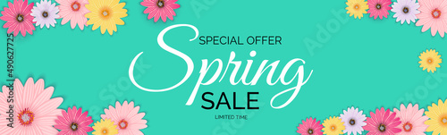 Promotion offer, card for spring sale season with spring plants, leaves and f...