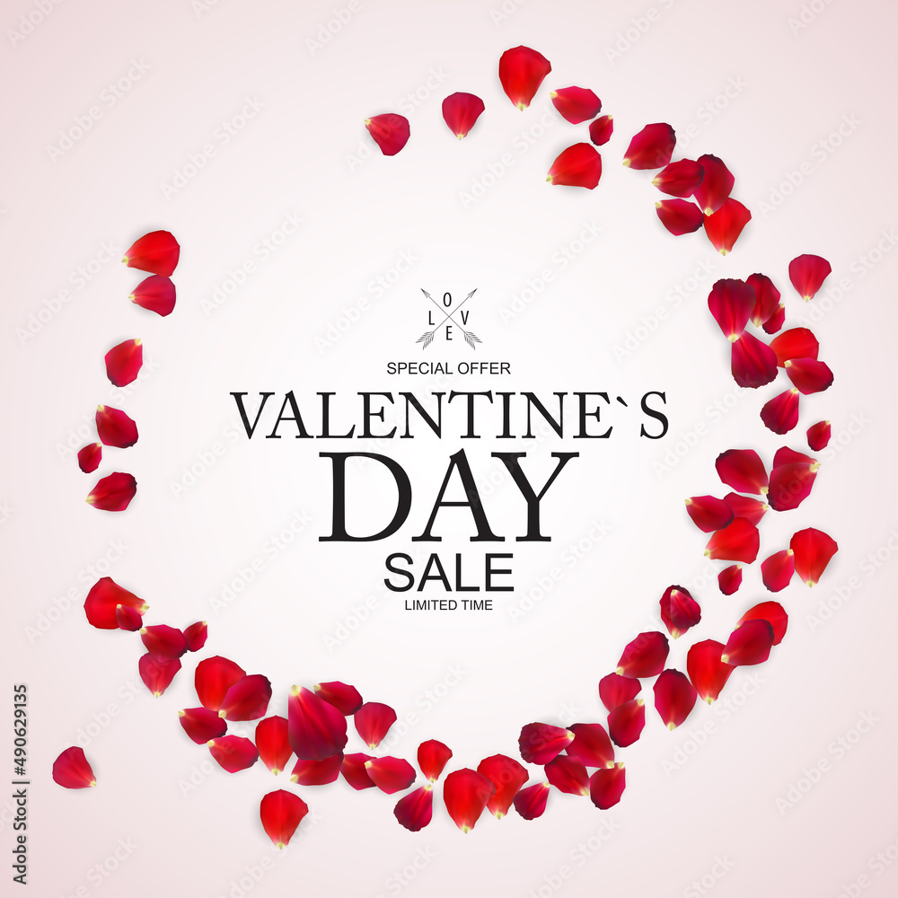 Valentines Day Sale, Discount Card with Rose Petals. Illustration