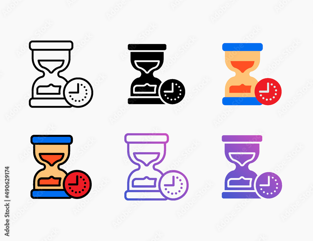 Countdown time hourglass icon set. Style line, outline, flat, glyph