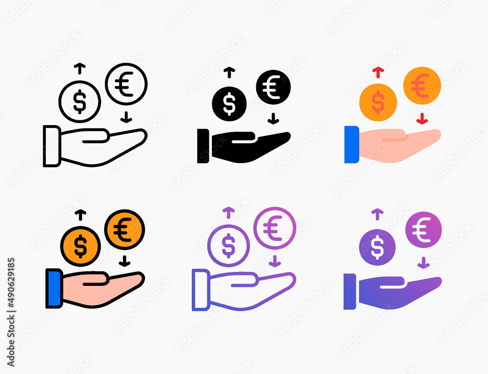 Fototapeta premium Money exchange dollar and euro icon set. Style line, outline, flat, glyph, color, gradient. Editable stroke and pixel perfect. Can use for digital product, presentation, print design and more.