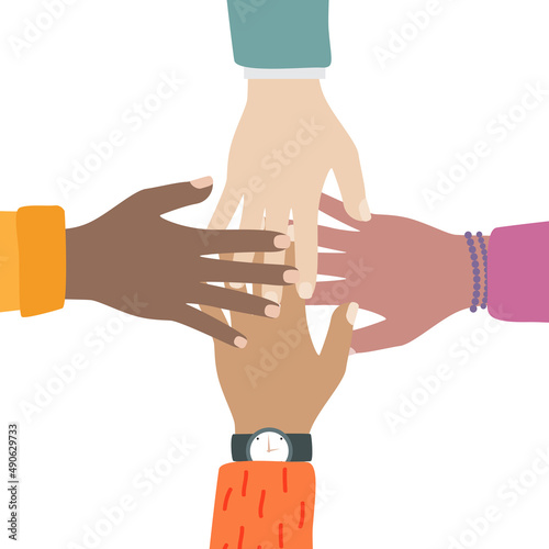 Multicultural and multiethnic people community integration concept with raise...