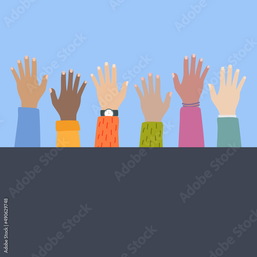 Multicultural and multiethnic people community integration concept with raise...