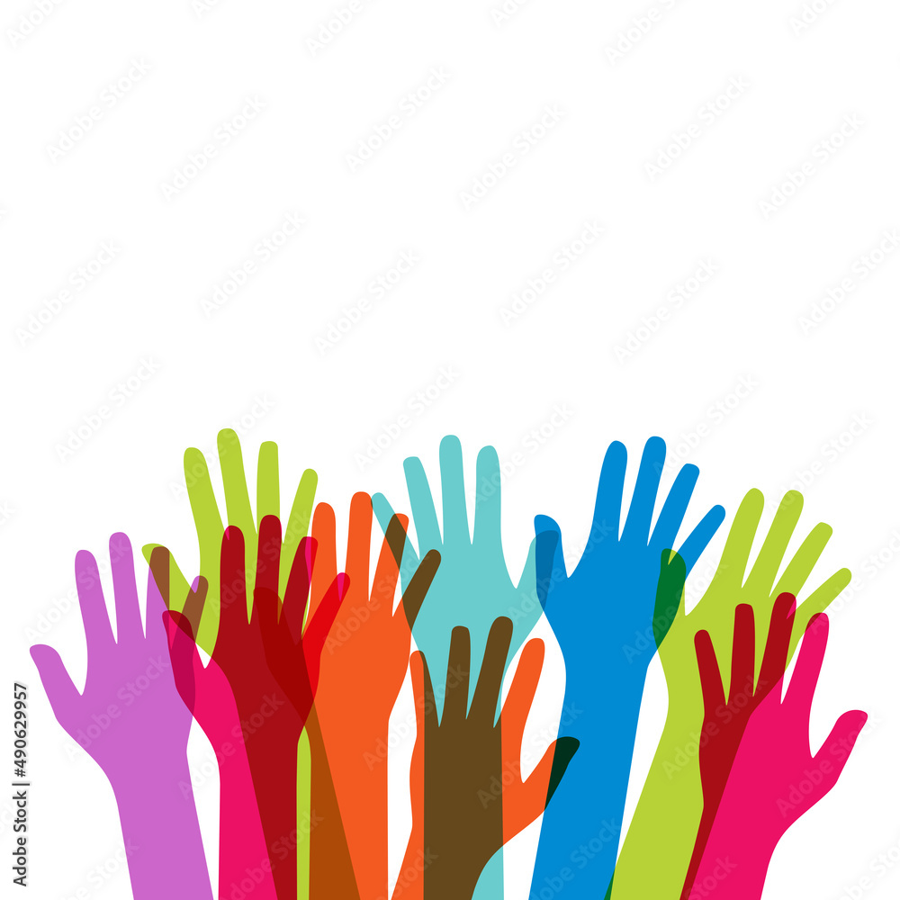 Multicultural and multiethnic people community integration concept with raised human hands. Racial equality of different culture and countries background. Illustration Multicultural and multiethnic people community integration concept with raised human hands. Racial equality of different culture and countries background. Illustration