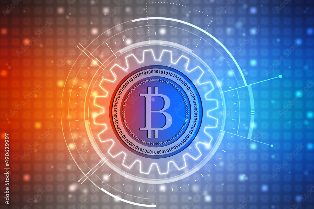 Obraz premium Global Abstract Bitcoin Crypto Currency Blockchain Technology World Map Background Illustration