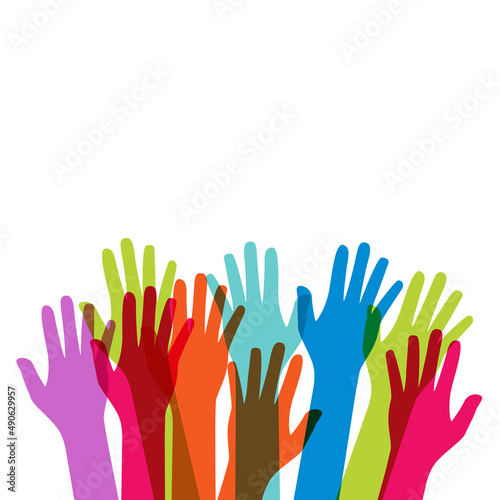 Multicultural and multiethnic people community integration concept with raised human hands. Racial equality of different culture and countries background. Illustration