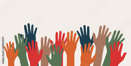 Multicultural and multiethnic people community integration concept with raise...