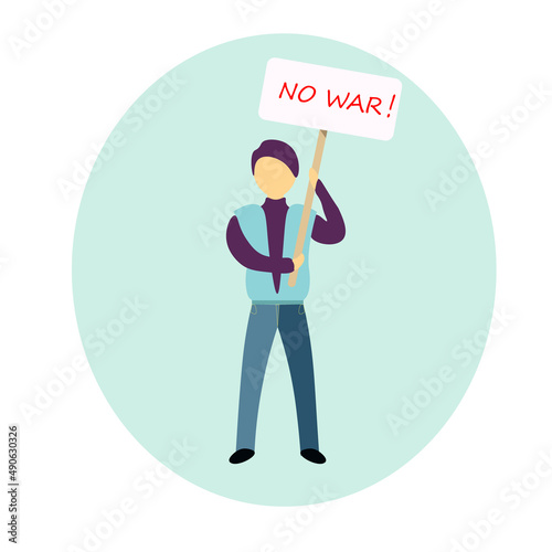 No war protester with banner. Protesting human for peace. Trendy design of people for logo, posters, postcards.