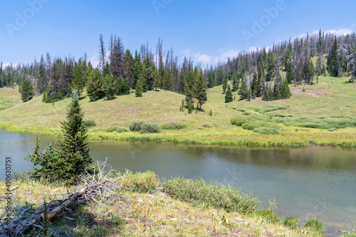 Upper Brooks Lake in Wyoming, in the Shoshone National Forest on a hazy summer day