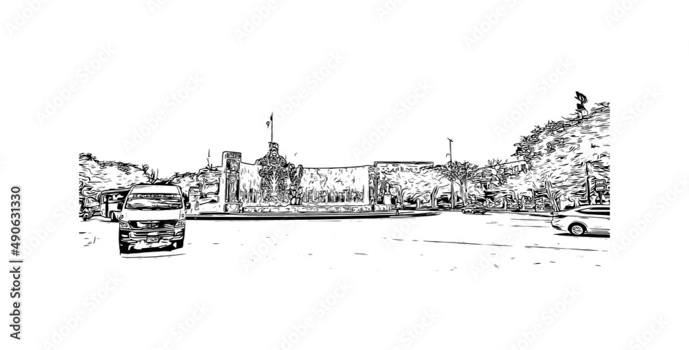 Fototapeta premium Building view with landmark of Merida is the city in Mexico. Hand drawn sketch illustration in vector.