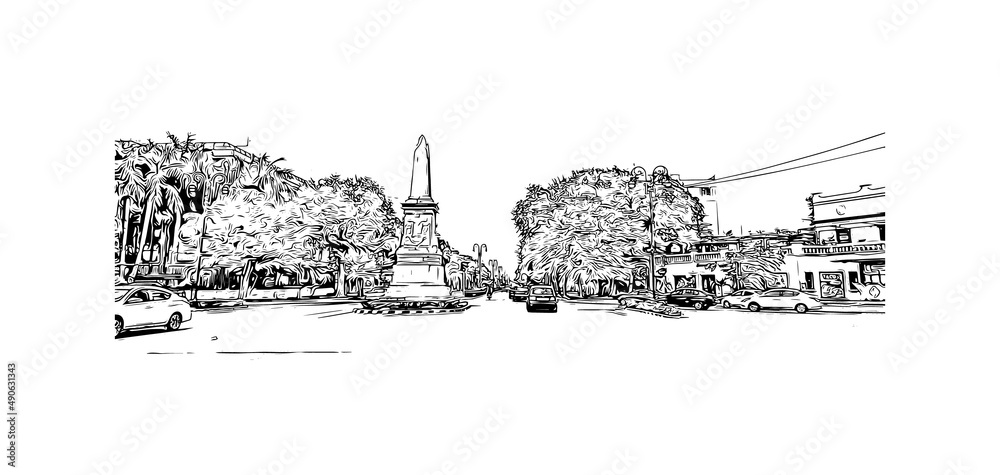 Building view with landmark of Merida is the 
city in Mexico. Hand drawn sketch illustration in vector.