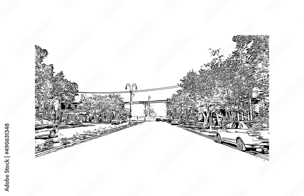 Fototapeta premium Building view with landmark of Merida is the city in Mexico. Hand drawn sketch illustration in vector.