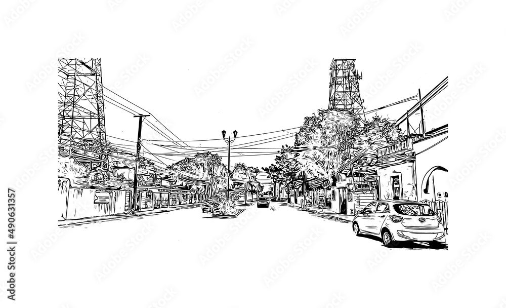 Obraz premium Building view with landmark of Merida is the city in Mexico. Hand drawn sketch illustration in vector.