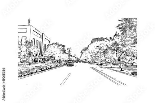 Building view with landmark of Merida is the city in Mexico. Hand drawn sketch illustration in vector.