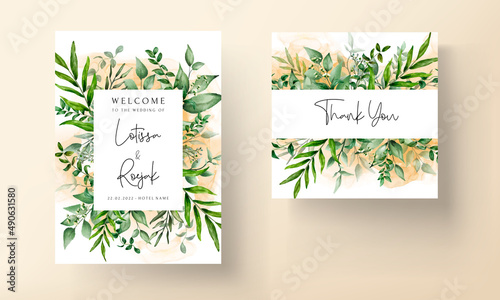 Beautiful watercolor leaves wedding invitation card template