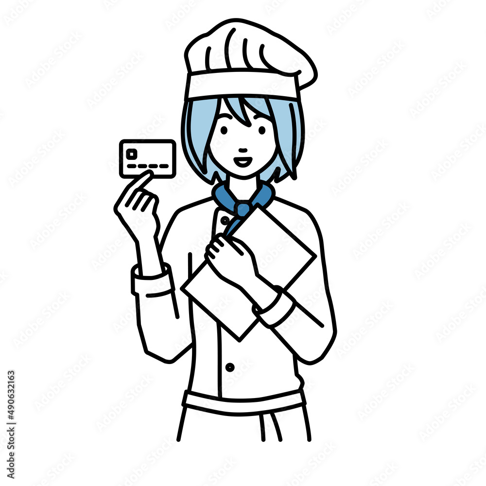 立って書類とカードを手に持つ調理師の女性