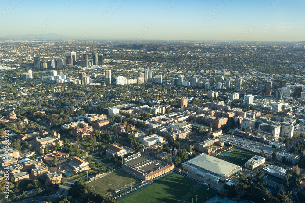 Aerial view of Westwood and the UCLA campus in Los Angeles