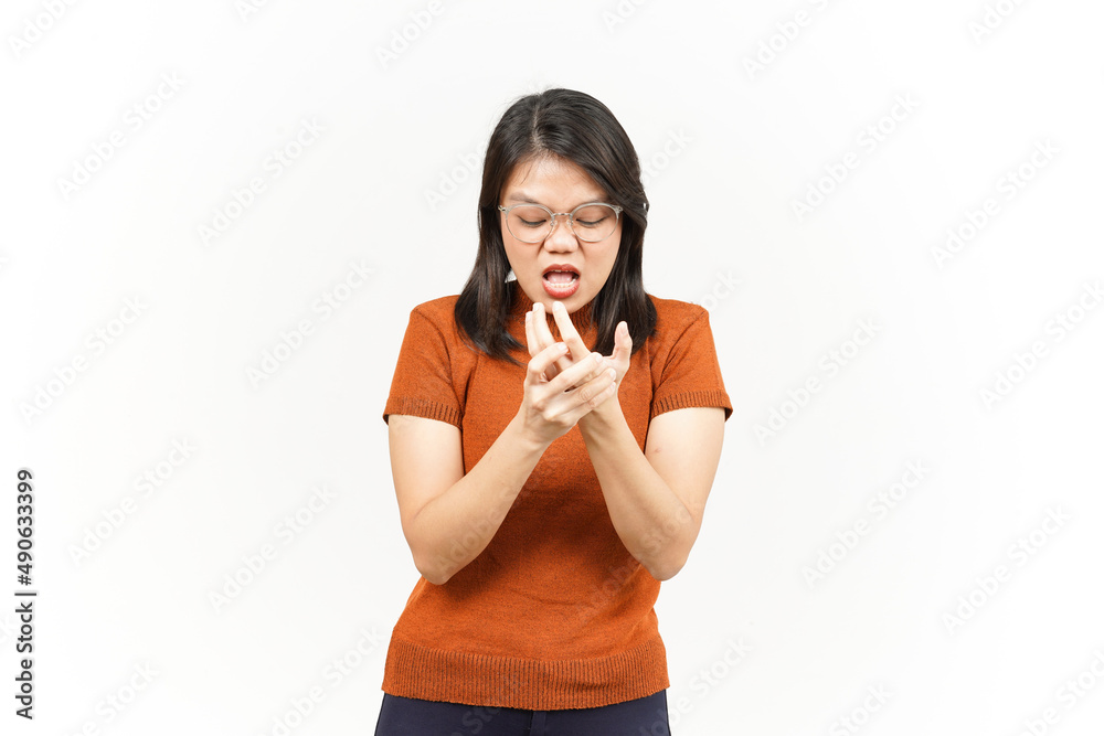 Suffering pain on hands Of Beautiful Asian Woman Isolated On White Background Suffering pain on hands Of Beautiful Asian Woman Isolated On White Background