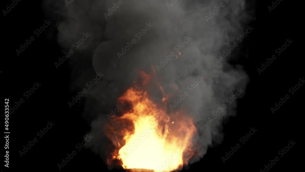 The fire burns, emitting smoke, on a black background. Night fire. The fire burns, emitting smoke, on a black background. Night fire.