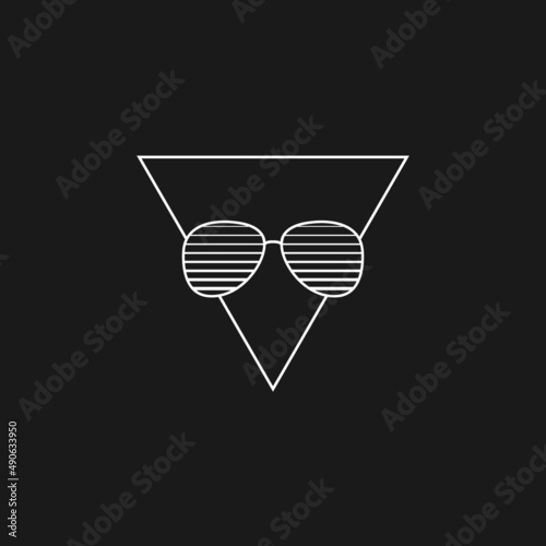 Retrowave aesthetics, the composition of triangle and sunglasses. Synthwave black and white sunglasses with triangle, 1980s style. Design element for retrowave style projects. Vector