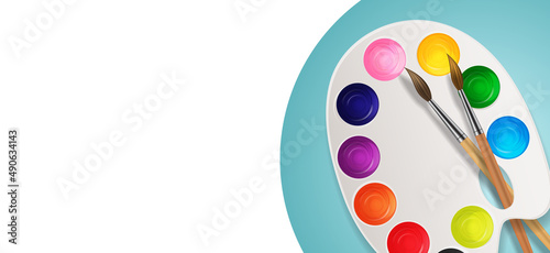 Realistic 3d background, tins with brush and Palette art background. Illustra...