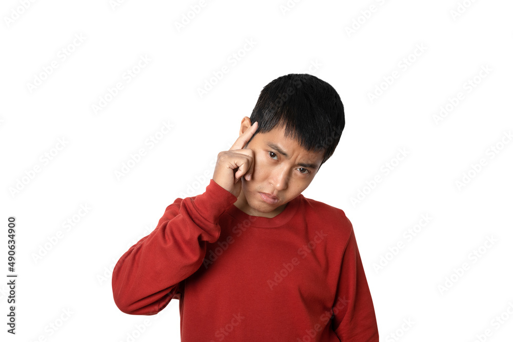 Portrait of young man thinking gesture sign. Portrait of young man thinking gesture sign.