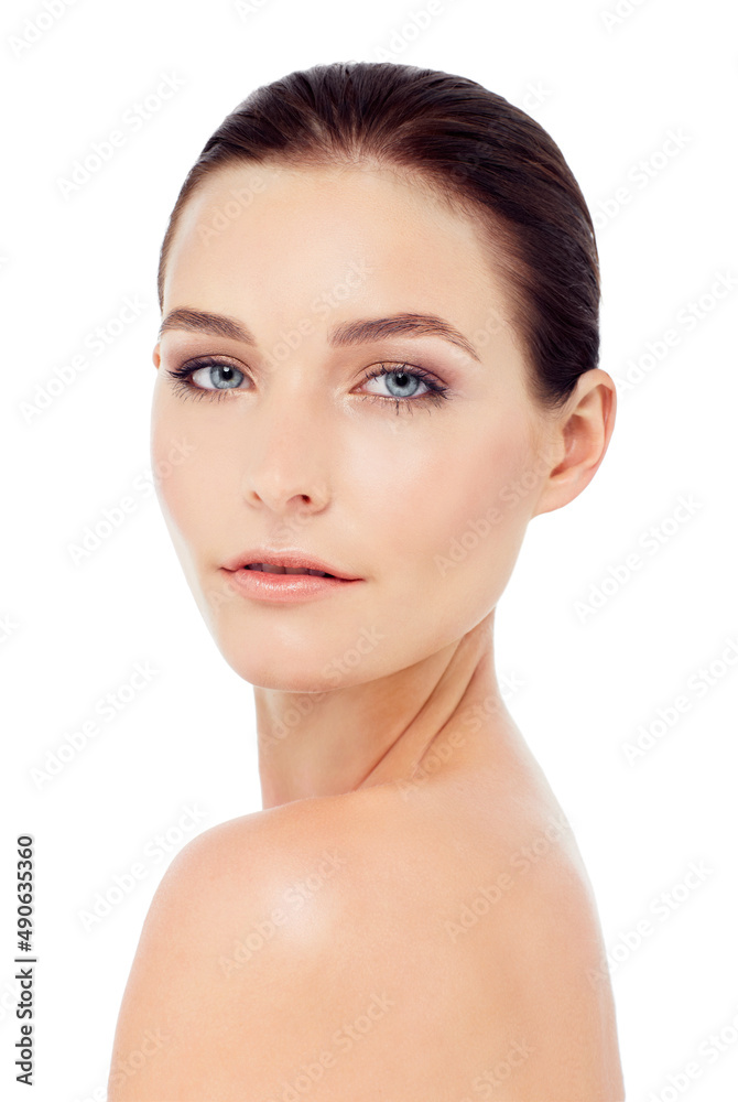 Skin every woman wants. Studio head and shoulders portrait of an attractive model isolated on white. Skin every woman wants. Studio head and shoulders portrait of an attractive model isolated on white.