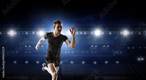 Man in sportwear running . Mixed media