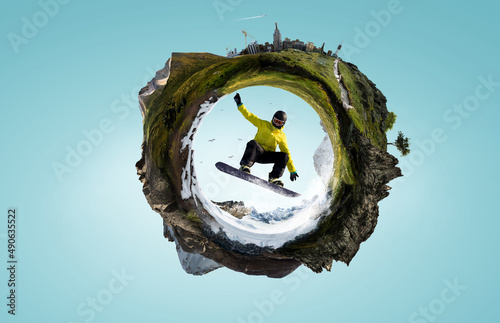 Snowboarder and Alps landscape . Mixed media