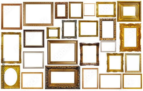 Set of isolated art empty frames in golden and silvery color