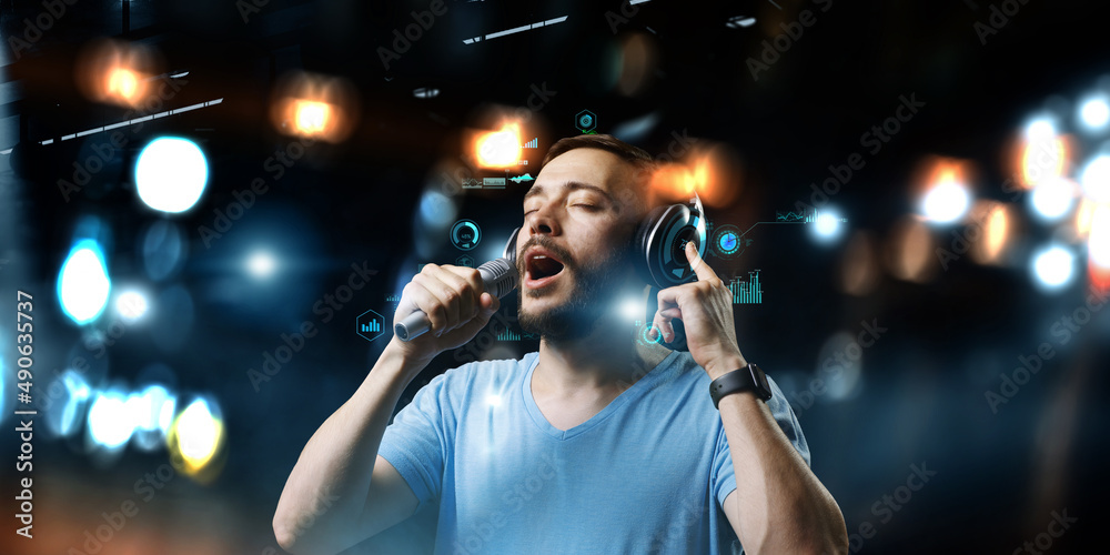Young man with headphones . Mixed media Young man with headphones . Mixed media