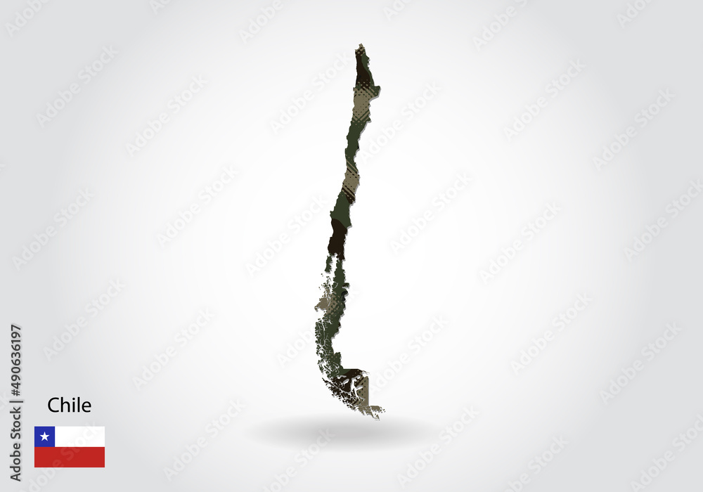 Fototapeta premium chile map with camouflage pattern, Forest - green texture in map. Military concept for army, soldier and war. coat of arms, flag.