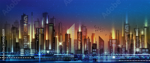 Night City background with architecture, skyscrapers, megapolis, buildings, downtown.