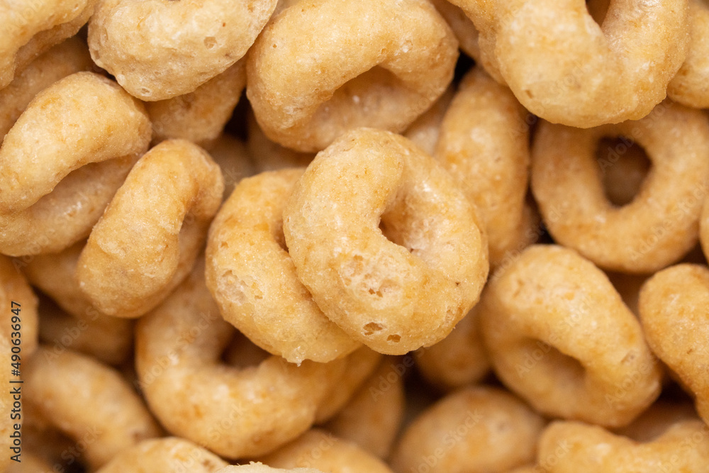 honey glazed ring o shaped breakfast cereal close up food background