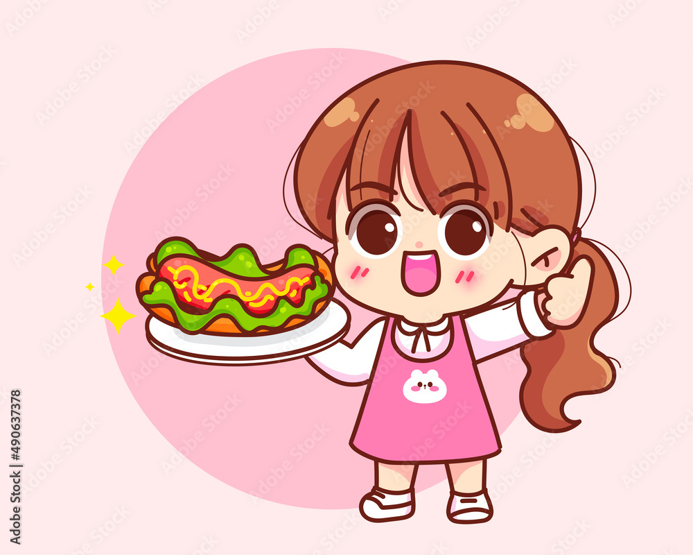 Cute girl holding Hot dog food logo cartoon hand draw character vector art illustration Cute girl holding Hot dog food logo cartoon hand draw character vector art illustration