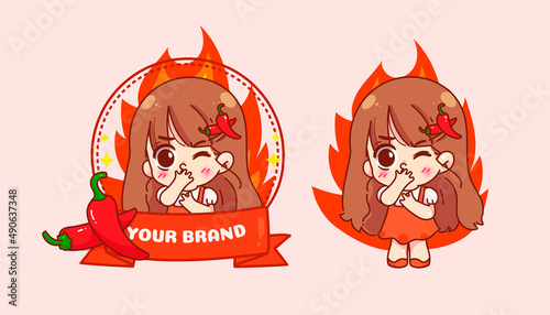 Cute chef logo and chili or pepper spicy food cartoon hand draw character vector art illustration