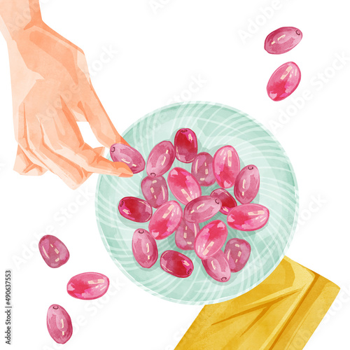 お皿に乗った果物の葡萄の手描き水彩風イラスト