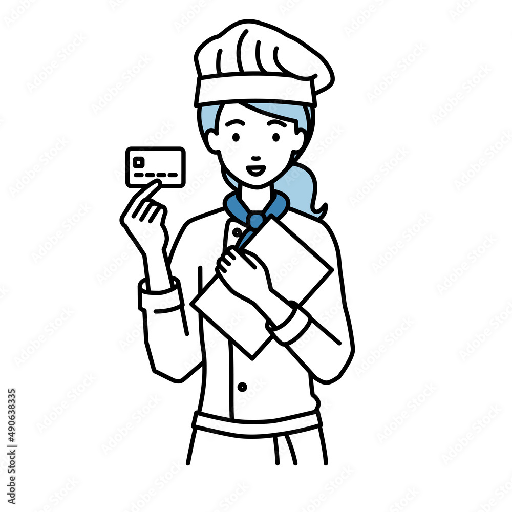 立って書類とカードを手に持つ調理師の女性