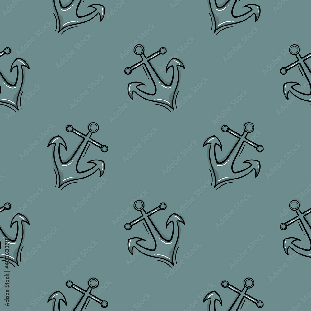 Obraz premium anchor hand drawn seamless pattern with colored version on white background