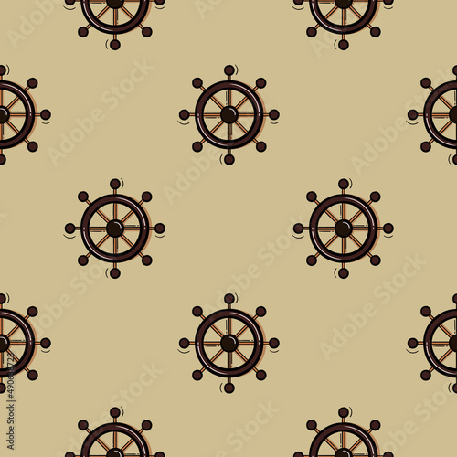 Seamless pattern hand drawn boat steering wheel with colored version on a white background