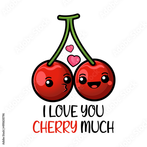 Fotografie Cute red cherries couple with pun quotes