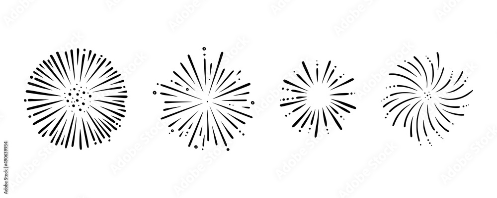 Doodle firework set. Radial foreworks for parties and celebrations. Vector illustration isolated in white background