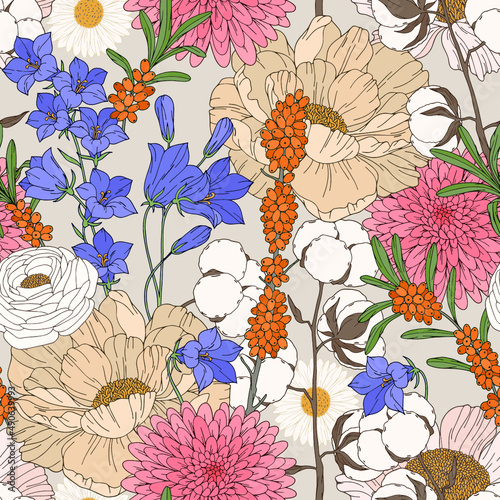 Vector seamless pattern with flowers and sea buckthorn.